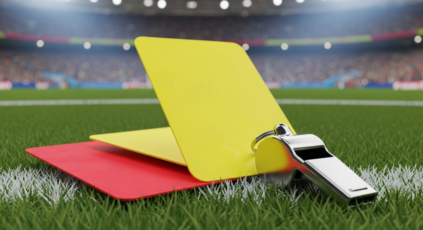Tarjetas amarillas, rojas y un silbato de árbitro relucen en el circulo central de la cancha de futbol. (Imagen Ilustrativa Infobae)