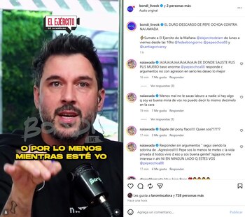 Pepe Ochoa, hombre con barba y auriculares, habla en un programa de radio. A la derecha, captura de pantalla de Instagram con comentarios de Nai Awada