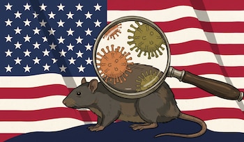 Ilustración de un ratón gris y marrón delante de una bandera de Estados Unidos. Una lupa sobre el ratón muestra virus esféricos naranjas y verdes