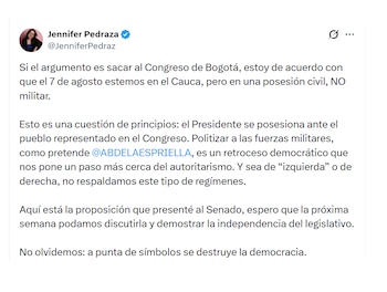 Jennifer Pedraza cuestionó intención de Abelardo de la Espriella de posesionarse en una guarnición militar