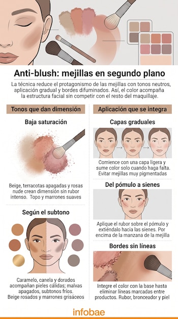 Infografía con ilustraciones de rostros, brochas de maquillaje y esquemas con textos sobre la técnica de rubor anti-blush.