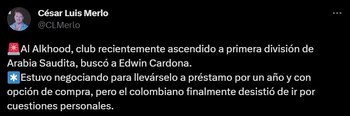 Edwin Cardona habría rechazado una