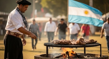 Hombre vestido de gaucho con bombacha y boina prepara carne a la parrilla sobre fuego en un asador. Al fondo, una bandera argentina y personas borrosas.