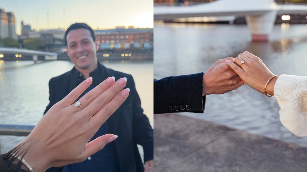 Micaela Bebin muestra su anillo de compromiso en compañía de Tiago del Río durante su anuncio de matrimonio en Buenos Aires. (Instagram Mica Bebin)