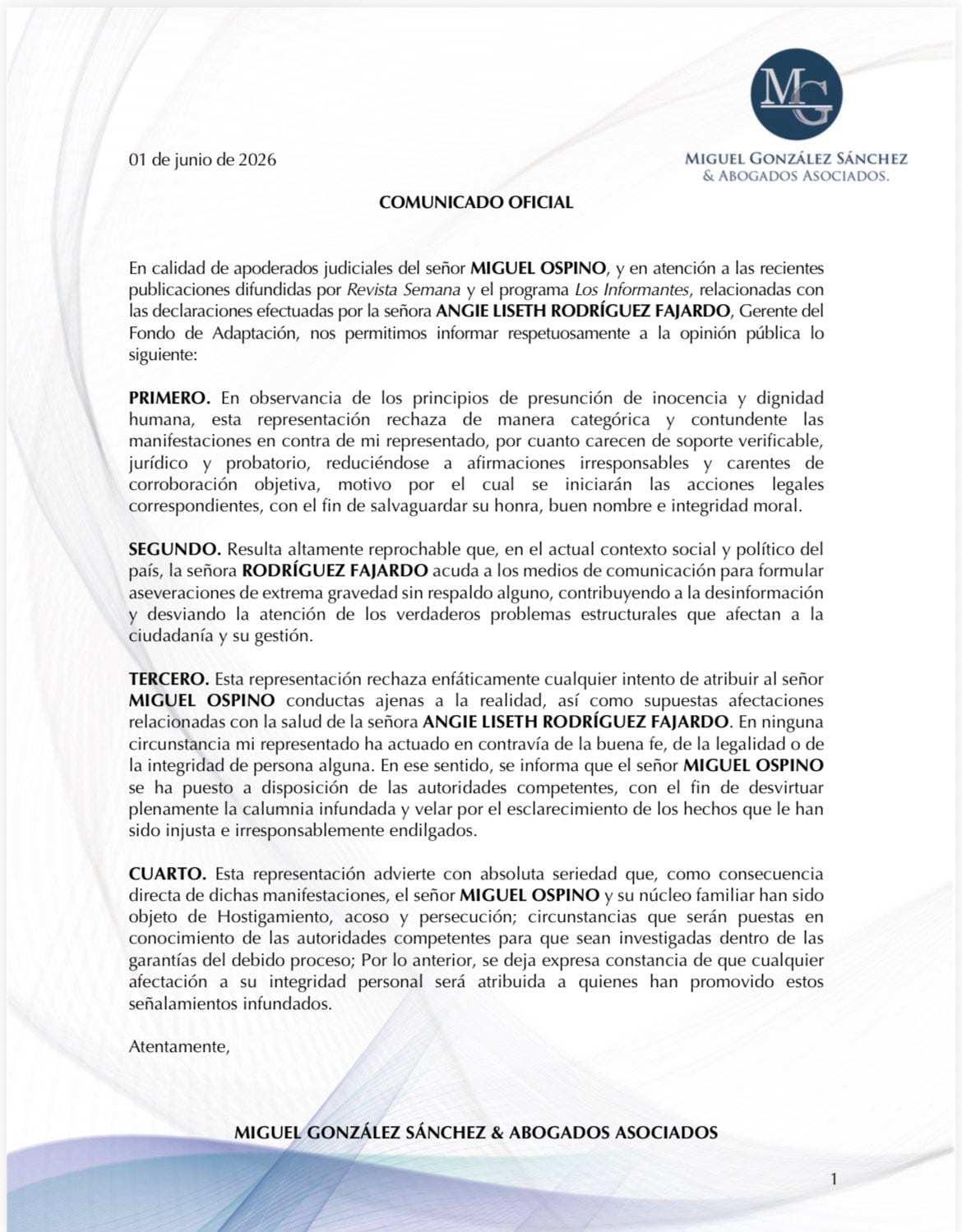 Miguel Ospino rechazó las acusaciones de Angie Rodríguez, calificándolas como infundadas y anunció acciones legales para proteger su reputación - crédito @MigueGonzalez28 / X