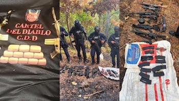 Las armas incautadas estaban ocultas bajo tierra y cubiertas con telas, lo que sugiere un sistema de almacenamiento clandestino diseñado para evitar su detección. (FOTO: Once noticias)