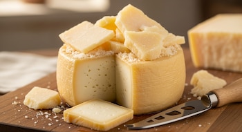 Una rueda de queso amarillo claro con un trozo cortado, rodeada de virutas y trozos irregulares de queso Parmesano en una tabla de madera oscura junto a un cuchillo.