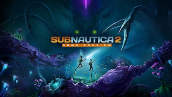 Ilustración de un ecosistema submarino alienígena oscuro con dos buceadores, flora brillante y grandes criaturas marinas. El logo Subnautica 2 Game Preview