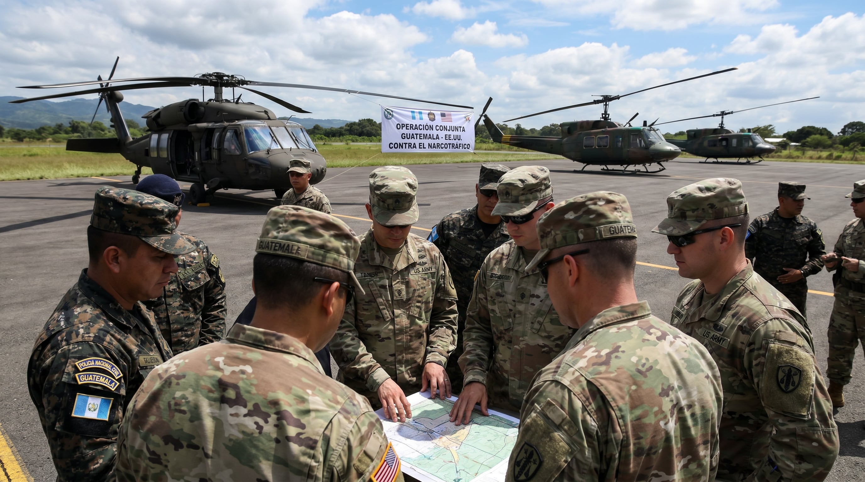 Oficiales militares de Guatemala y Estados Unidos planifican una operación conjunta contra el narcotráfico, con helicópteros militares visibles al fondo en una pista de aterrizaje. (Imagen Ilustrativa Infobae)