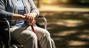 Vista parcial de una persona sentada en una silla de ruedas, vistiendo cárdigan gris y pantalones claros, con las manos entrelazadas sobre un bastón rojo.