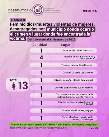 Ormusa informó que en 2025 se documentaron 26 feminicidios en El Salvador, un 33 % menos que los 38 casos de 2024. (Imagen: ORMUSA)