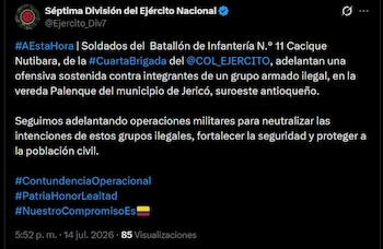 El Ejército Nacional reportó enfrentamientos con presuntos integrantes del Clan del Golfo en la vereda Palenque de Jericó, Antioquia - crédito @Ejercito_Div7 / X
