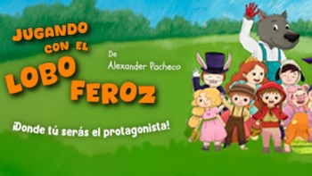 Ilustración del título "Jugando con el Lobo Feroz", de Alexander Pacheco. Un lobo antropomórfico y seis niños disfrazados en un paisaje verde