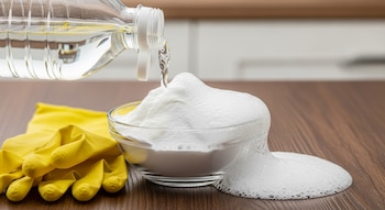 Vinagre vertido de una botella sobre bicarbonato de sodio en un bol de vidrio, creando espuma. Guantes de limpieza amarillos están a un lado sobre una mesa.