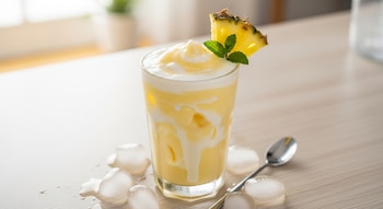 Un vaso alto de una bebida amarilla y blanca con piña y menta, rodeado de cubos de hielo, sobre una superficie clara con una cuchara metálica.
