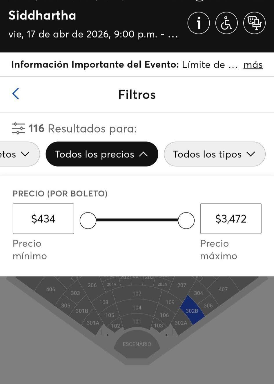 Los precios de los boletos para el concierto de Siddhartha en el Auditorio Nacional oscilaron entre los $434 MXN y los $3 mil 472, agotándose en menos de 20 minutos. (Captura Sitio Oficial Ticketmaster)