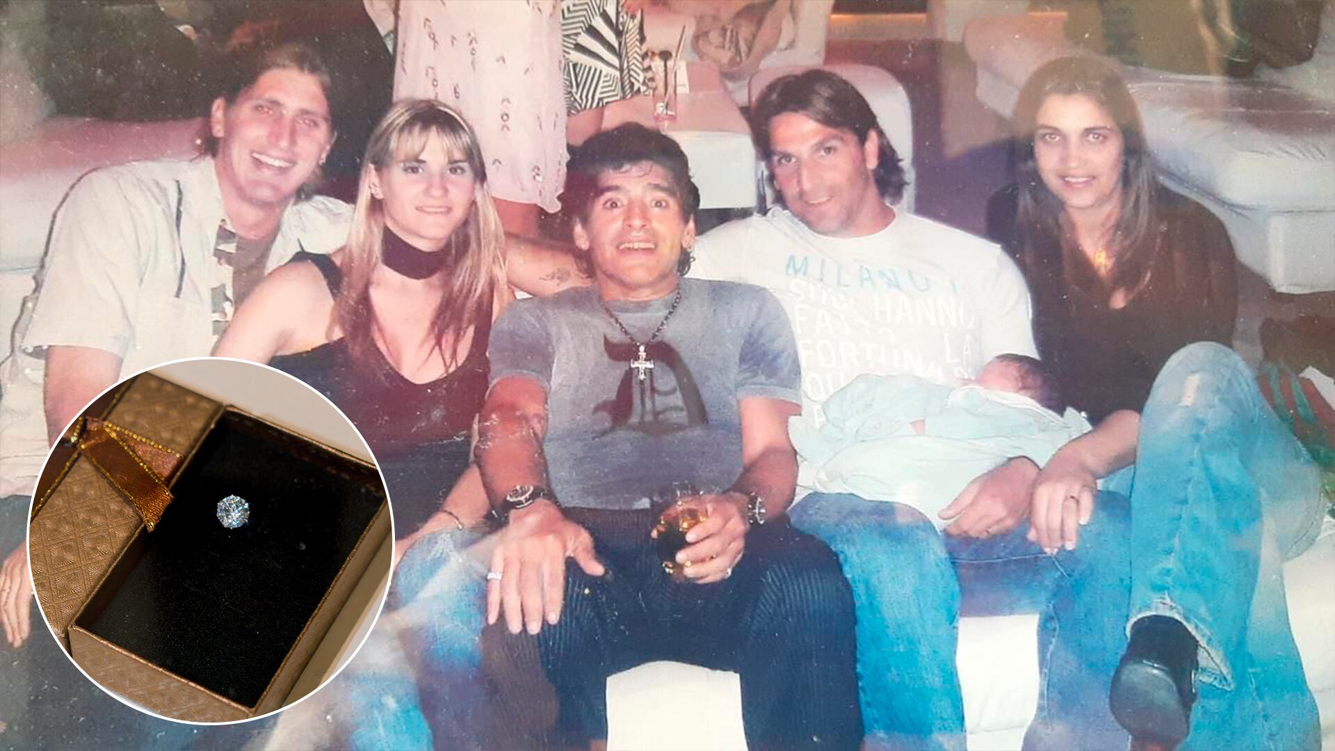 Tilger y Nico Frutos, en el cumpleaños 45 de Maradona, con la remera y el arito que son parte del lote subastado