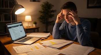 Una persona con expresión de preocupación, manos en la frente, mira documentos sobre un escritorio de madera con una laptop y lámpara encendida.