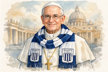Medio cuerpo del Papa León XIV (Robert Prevost) sonriendo, con sotana blanca, solideo y una bufanda de Alianza Lima, sobre un fondo suave de la Plaza de San Pedro.