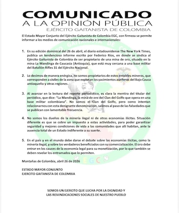 Comunicado Clan del Golfo - crédito @soygaitanista/X