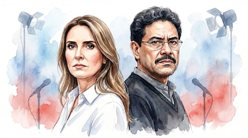 Ilustración en acuarela de Paloma Valencia e Iván Cepeda, de pie espalda con espalda, mirando al frente, con fondo difuminado azul, rojo y blanco con siluetas de micrófonos y focos.