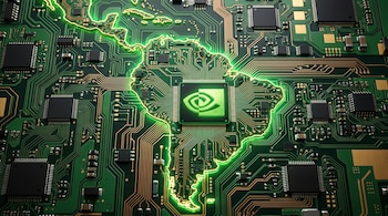 Un mapa luminoso y verde de América Latina se superpone a una placa de circuito impreso, con el logo de Nvidia prominentemente ubicado en el centro del continente.