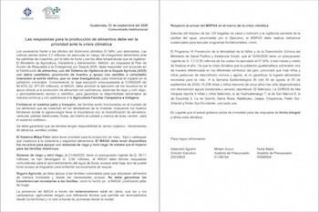 Dos páginas de un comunicado institucional impreso sobre la producción de alimentos y la crisis climática en Guatemala.