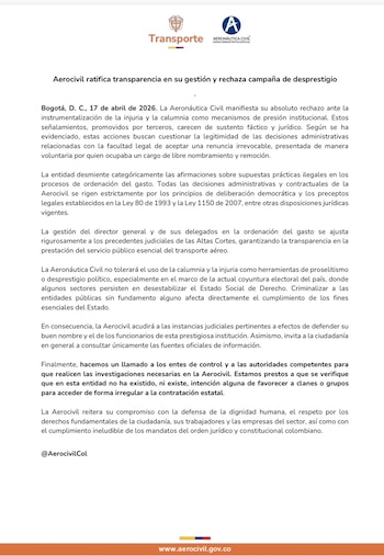 La Aeronáutica Civil negó irregularidades en los proceso de ordenación del gasto - crédito @AerocivilCol/X