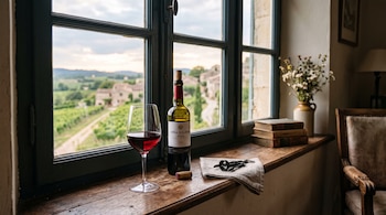 Una botella de vino tinto, una copa llena, un corcho, un sacacorchos, libros y un florero reposan en el alféizar de una ventana frente a viñedos.