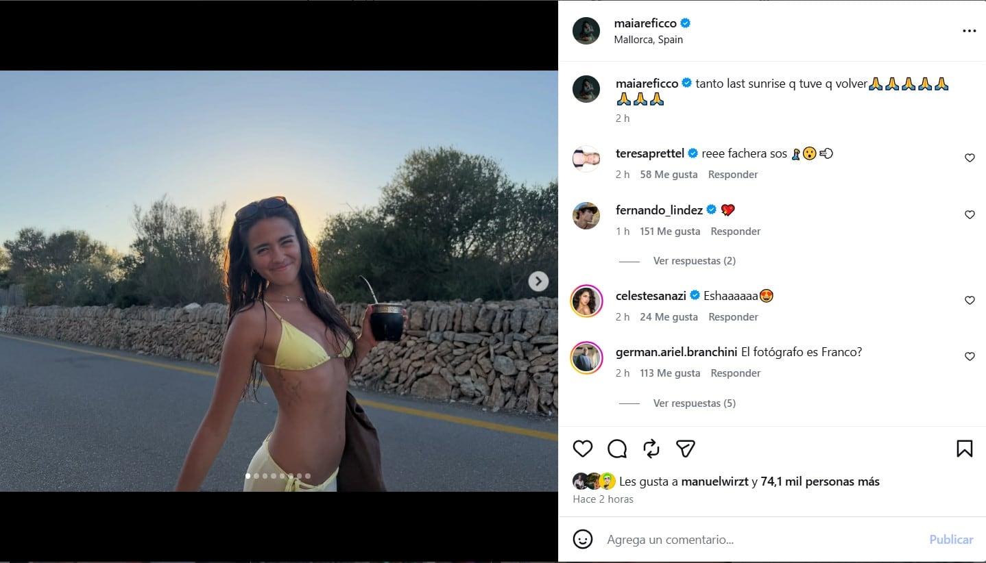 Maia Reficco publicó fotografías de sus vacaciones en Mallorca en medio de rumores sobre su relación con Franco Colapinto (Instagram)