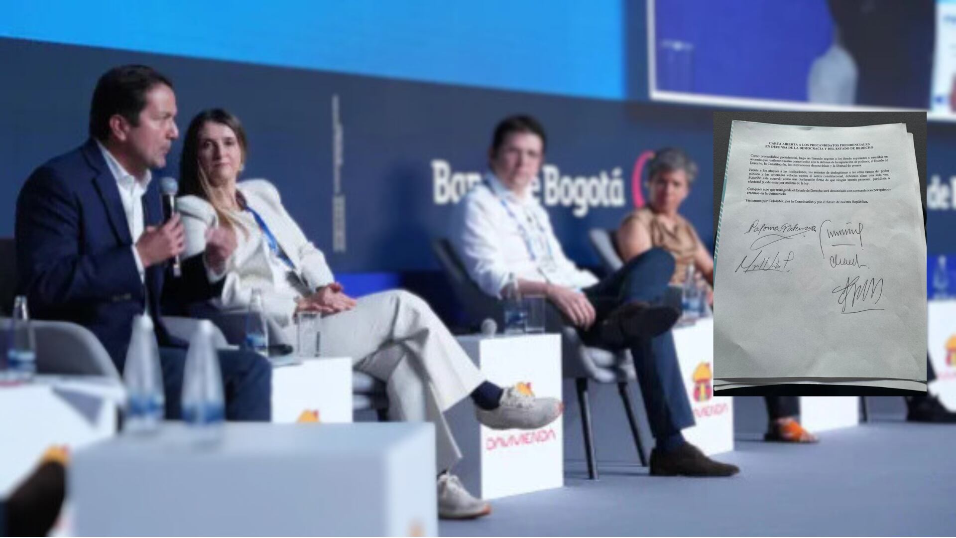 Los precandidatos se pronunciaron sugestivamente en contra del presidente Petro, que estaría emitiendo una amenaza directa en contra de las instituciones del Estado, al convocar al pueblo con un decreto, por encima de la decisión del Senado - crédito Asobancaria y @lunadavid/X