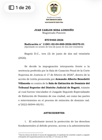 Con este fallo, la Corte dejó en firme la decisión que mantiene afectados el apartamento en Rosales y los derechos derivados del leasing habitacional mientras continúa el proceso de extinción de dominio - crédito Corte Suprema de Justicia