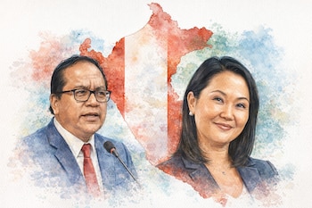 Ilustración acuarela de un hombre con gafas y una mujer sonriente sobre un mapa estilizado de Perú con franjas roja y blanca, simulando la bandera nacional.