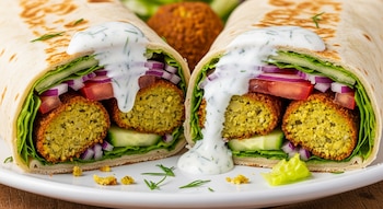Dos mitades de wrap relleno de falafel, lechuga, pepino, cebolla roja y tomate con salsa blanca de yogur. Algunos trozos de falafel desmenuzado en el plato.