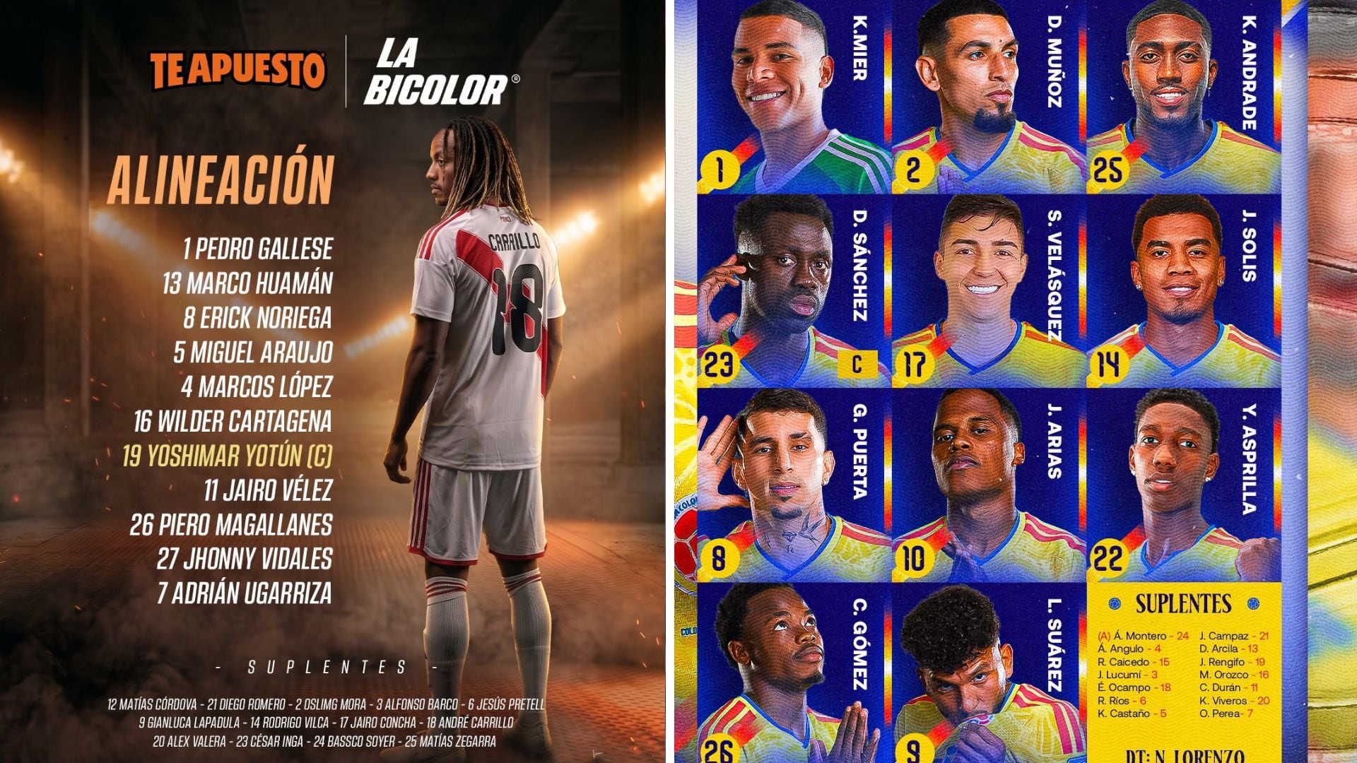Alineaciones confirmadas de Perú y Colombia. Crédito: La Bicolor/FCF.