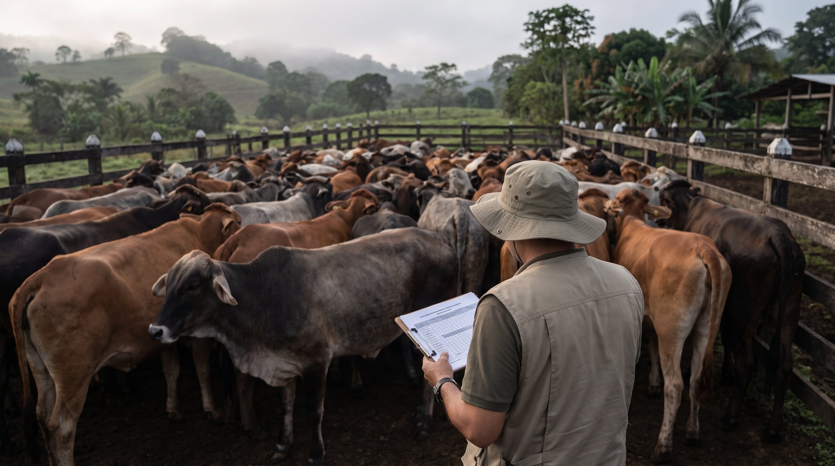 Un inspector sanitario examina una planilla de registro epidemiológico frente a un rebaño de ganado en una finca rural de Costa Rica. (Imagen Ilustrativa Infobae)