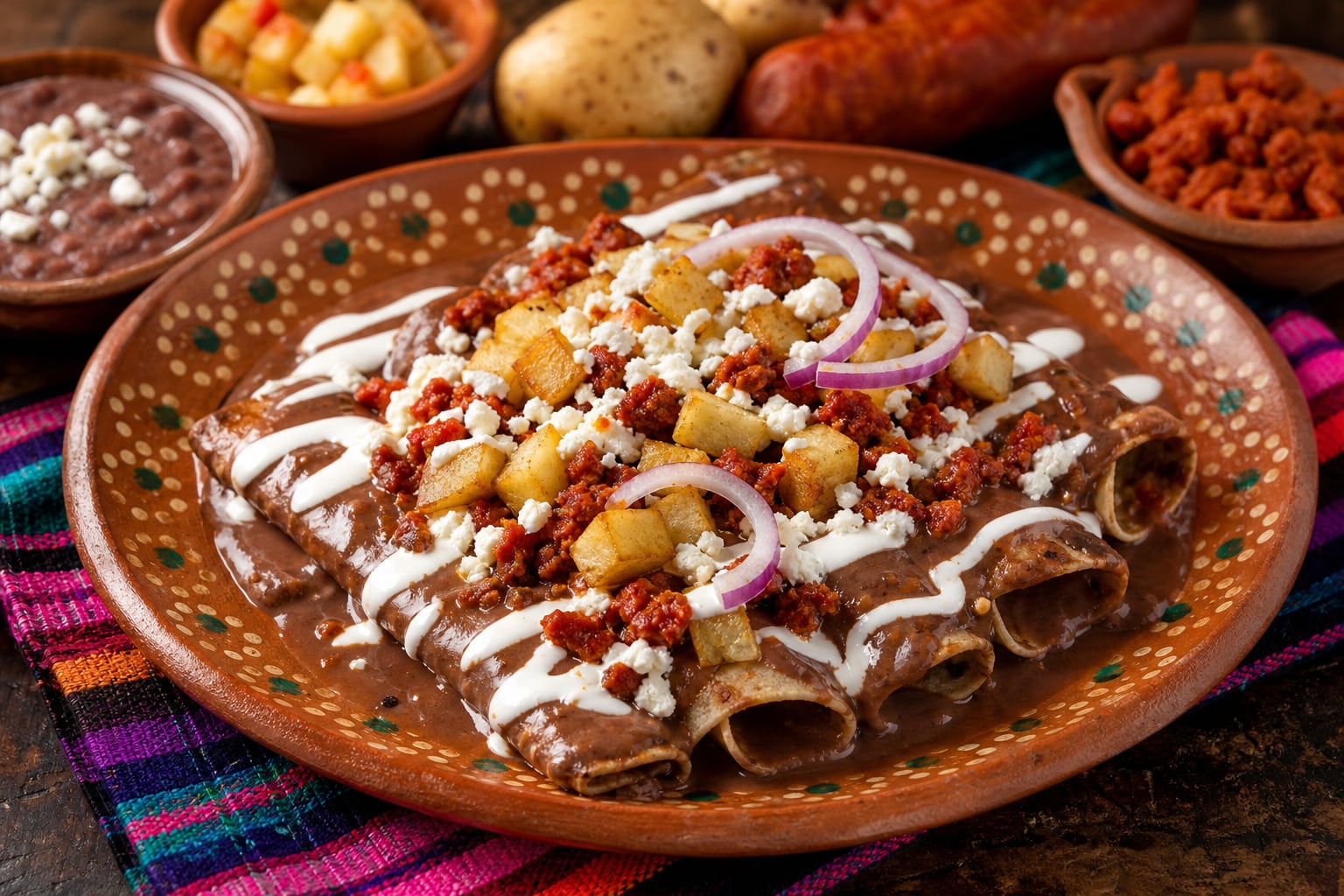 Un plato de barro contiene enfrijoladas de chorizo con papa bañadas en salsa de frijol, crema y queso fresco, acompañadas por ingredientes tradicionales de la cocina mexicana. (Imagen Ilustrativa Infobae)