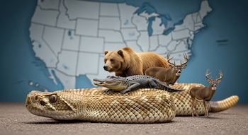 Primer plano de una serpiente de cascabel enroscada, un oso grizzly, un caimán americano, dos ciervos de cola blanca y un mapa desenfocado de Estados Unidos al fondo.