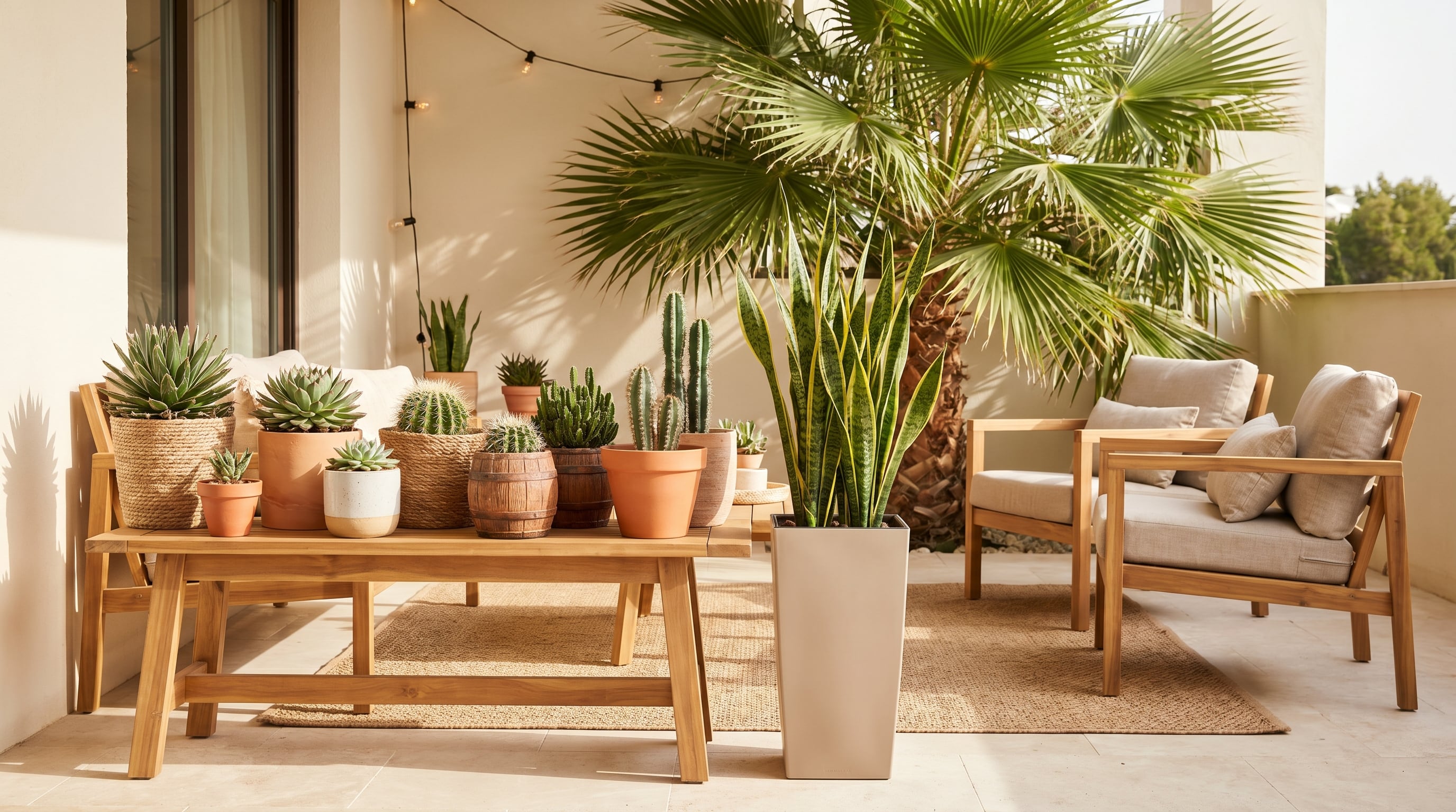 Una terraza moderna y luminosa, decorada con una variada colección de macetas, suculentas, cactus y una palma abanico, creando un espacio fresco y acogedor ideal para el disfrute al aire libre. (Imagen Ilustrativa Infobae)