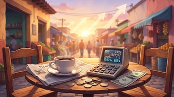 Una taza de café humeante, un periódico, una calculadora, un billete de un dólar y monedas sobre una mesa de madera frente a un mercado.