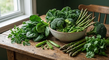 Varias verduras verdes: espinacas, col rizada, brócoli, guisantes en un cuenco y en vainas, y espárragos, sobre una mesa de madera rústica.