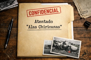 Carpeta "CONFIDENCIAL: Atentado 'Alas Chiricanas'" con fotos en blanco y negro de un avión estrellado, un bolígrafo y papeles viejos en una mesa de madera.
