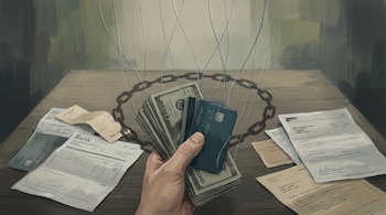 Mano adulta sujeta un fajo de billetes y tarjetas de crédito; hilos invisibles la atan a una sombra de cadena sobre una mesa con documentos bancarios y recibos.