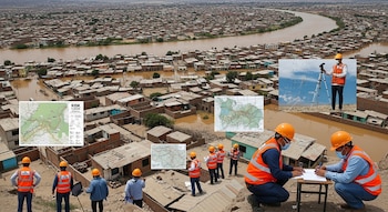 Vista aérea de una ciudad junto a un río de agua turbia con casas inundadas, superpuesta con mapas y grupos de técnicos con cascos y chalecos naranjas.