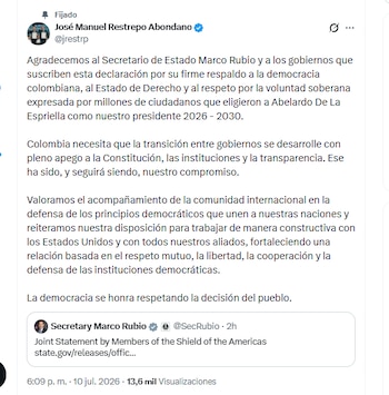 O vice-presidente eleito José Manuel Restrepo Abondano agradece o apoio dos Estados Unidos e de outros governos à administração de Abelardo de la Espriella - crédito @jrestrp/X