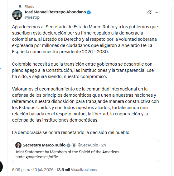 El vicepresidente electo José Manuel Restrepo Abondano agradeció el respaldo de Estados Unidos y otros gobiernos a la administración de Abelardo de la Espriella - crédito @jrestrp/X