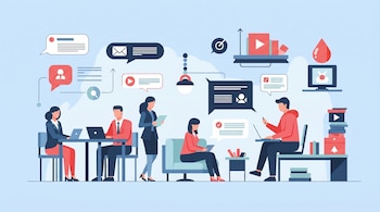 Ilustración de cinco personas en una oficina con fondo azul claro, sentadas y de pie, usando laptops y tabletas, rodeadas de burbujas de diálogo e íconos digitales.
