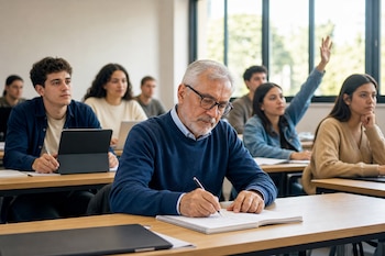 Un hombre mayor con gafas escribe en un cuaderno dentro de un aula universitaria con otros estudiantes sentados al fondo.