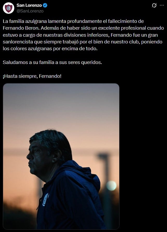 El comunicado de San Lorenzo sobre la muerte de Fernando Berón