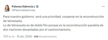 Paloma Valencia sobre reconstrucción de Venezuela - crédito @PalomaValenciaL/X